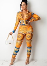 Fall Print Orange Retro Blouse and Pants Set