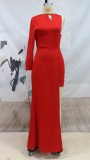 Fall Women Occassional Red Irregular Evening Dress with Single Sleeve