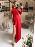 Fall Women Occassional Red Irregular Evening Dress with Single Sleeve
