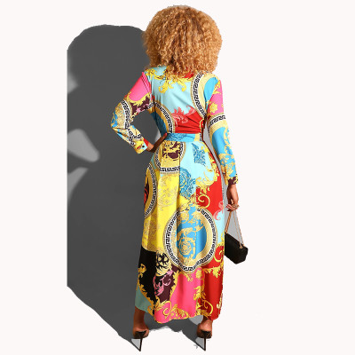 Fall Women Print Retro Pleated Elegant Long Dress