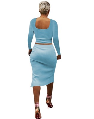 Fall Women Blue Knit Crop Top and Irregular Skirt Set