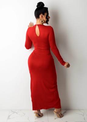 Fall Women Red Sexy Cut Out Slit Long Party Dress