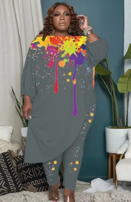Fall Plus Size Women Paints Irregular Shirt and Pants Set