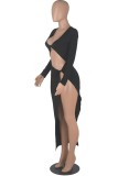Fall Women Black Sexy Cut Out Slit Long Party Dress