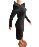 Fall Women Black Ruffle Long Sleeve Midi Bodycon Dress