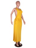 Summer Women Solid Plain Sleeveless Side Slit Long Dress