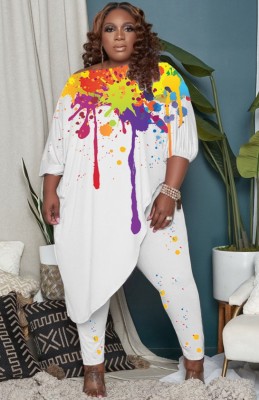 Fall Plus Size Women Paints Irregular Shirt and Pants Set