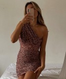 Summer Sexy Brown Print One Shoulder Ruched Mini Club Dress