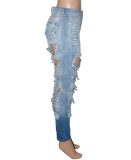 Summer Blue Damaged Cut Out High Waist Tight Jeans