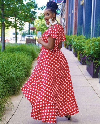 Summer Red Polka Dot Wrap Long Maxi Dress