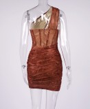 Summer Sexy Brown Print One Shoulder Ruched Mini Club Dress