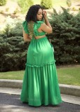Summer Green V-Neck Cut Out Sleeveless Ruffles Long Dress
