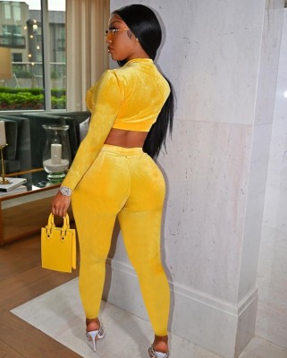 Fall Yellow Velvet Crop Top and Pants Tracksuit