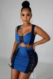 Summer Sexy Two Piece Lace-Up Denim Crop Top and Mini Skirt Set