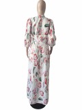 Fall Puff Sleeve Floral Print V-Neck High Waist Long Maxi Dress