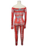 Fall Sexy Print Red Off Shoulder Bodysuit and Matching Leggings Set