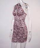 Summer Sexy Leopard Print One Shoulder Ruched Mini Club Dress