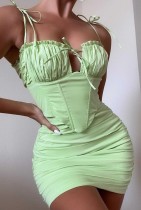 Summer Sexy Green Strap Crop Top and Ruched Mini Skirt Set
