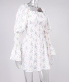 Fall Vintage Puff Sleeve Romantic Floral Square Mini Dress