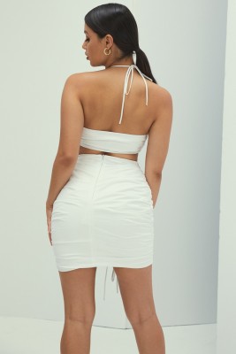 Summer Sexy White Keyhole Halter Top and Ruched Mini Skirt Set