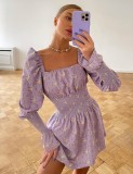 Fall Vintage Puff Sleeve Romantic Floral Square Mini Dress