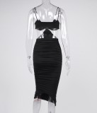Summer Sexy Black Knotted Strap Ruched Midi Dress