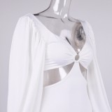 Fall Elegant White Vintage Puff Sleeve Cut Out Mini Dress