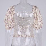 Fall Vintage Puff Sleeve Romantic Floral Crop Top