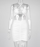 Summer Sexy White Keyhole Halter Top and Ruched Mini Skirt Set