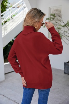 Winter Red Turndown Collar Regular Pullover Sweater
