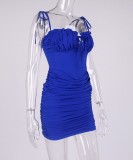Summer Sexy Blue Strap Crop Top and Ruched Mini Skirt Set