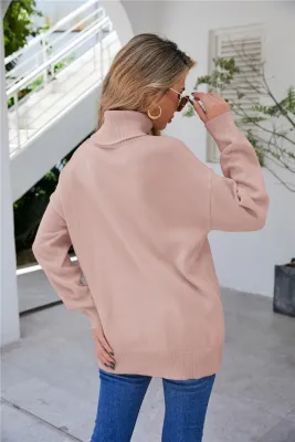 Winter Pink Turndown Collar Regular Pullover Sweater
