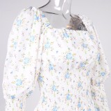 Fall Vintage Puff Sleeve Romantic Floral Square Mini Dress