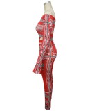 Fall Sexy Print Red Off Shoulder Bodysuit and Matching Leggings Set