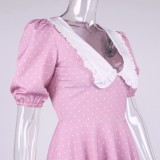 Summer Vintage Polka Dot Pink V-Neck Skater Dress