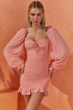 Fall Party Pink Puff Sleeve Square Ruched Mini Dress