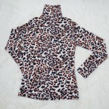 Fall Elegant Turtleneck Leopard Long Sleeve Basic Top