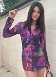 Fall Sexy Print Purple Fitted Short Blouse Dress