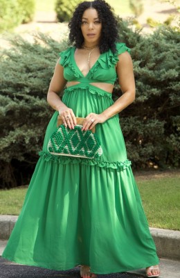 Summer Green V-Neck Cut Out Sleeveless Ruffles Long Dress