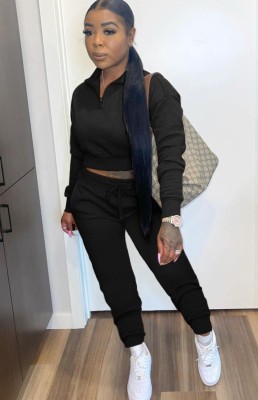 Fall Casual Black Crop Top and Pants Sweatsuit