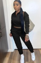 Fall Casual Black Crop Top and Pants Sweatsuit