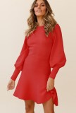 Fall Elegant Red Knit Skater Dress with Puff Sleeves