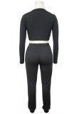 Fall Black Fit Sexy Ruched Crop Top and Pants Set