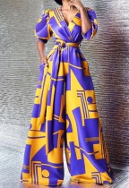 Fall Print African Wide Legges Wrap Jumpsuit