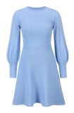 Fall Elegant Blue Knit Skater Dress with Puff Sleeves