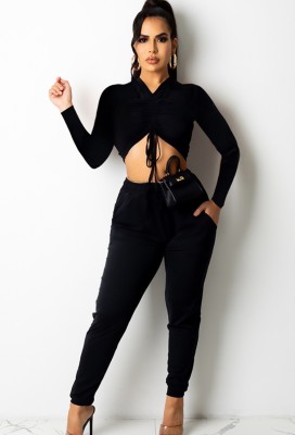 Fall Black Fit Sexy Ruched Crop Top and Pants Set