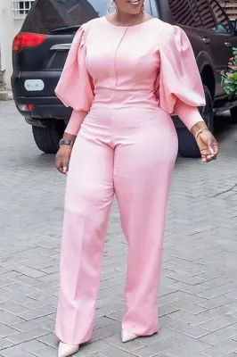 Fall Elegant Puff Sleeve Formal Pink Jumpsuit