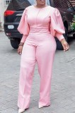 Fall Elegant Puff Sleeve Formal Pink Jumpsuit