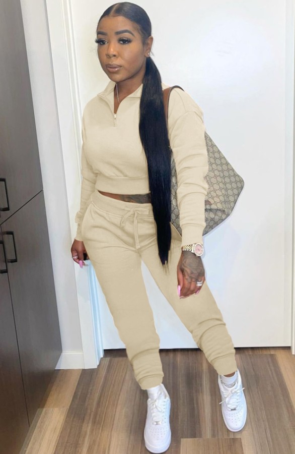 Fall Casual Beige Crop Top and Pants Sweatsuit