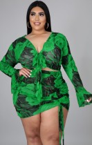 Autumn Plus Size Floral Green Knotted Crop Top and Ruched Mini Skirt Set